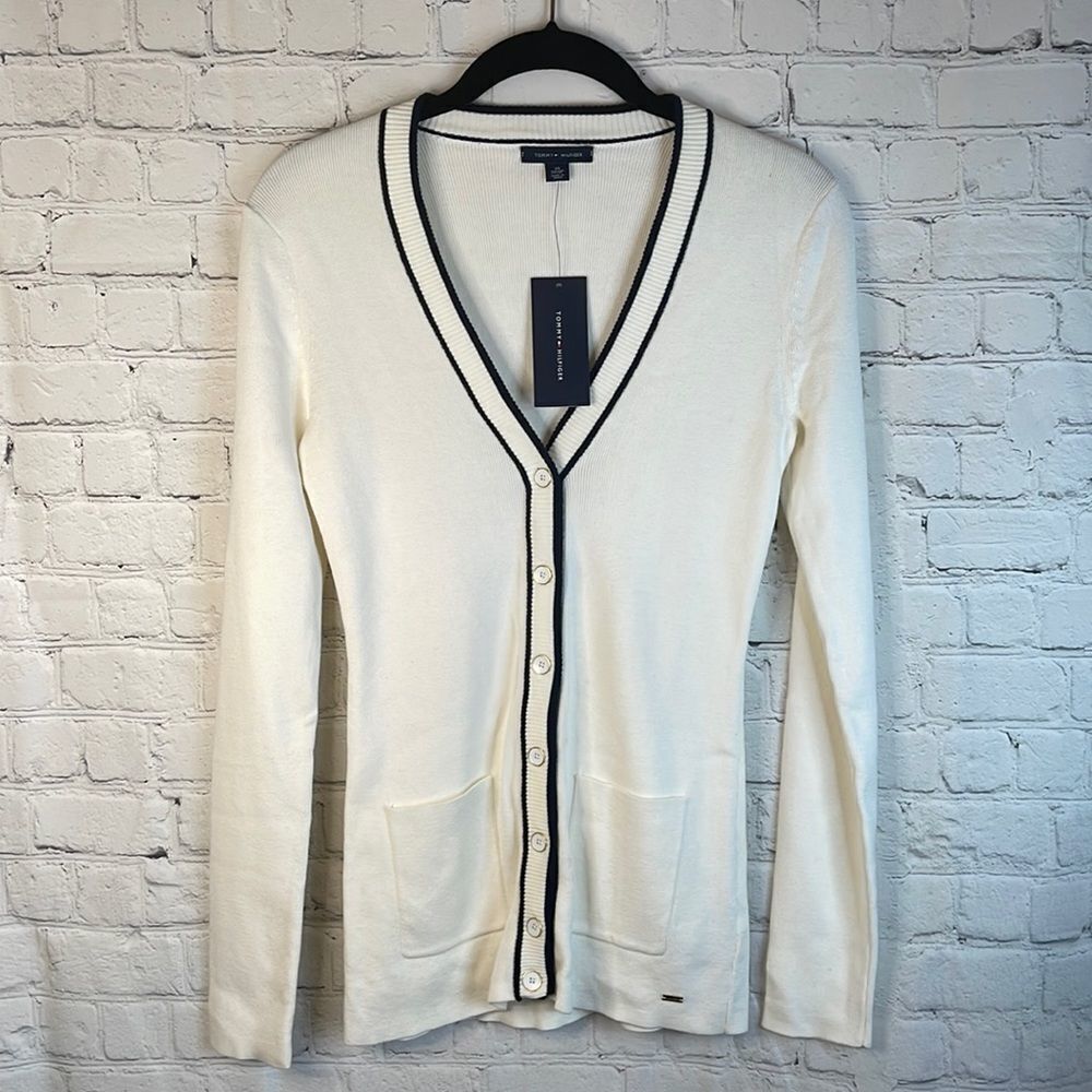 NEW Tommy Hilfiger Womens Cream White Navy Trim Cotton V-Neck Cardigan Sweater